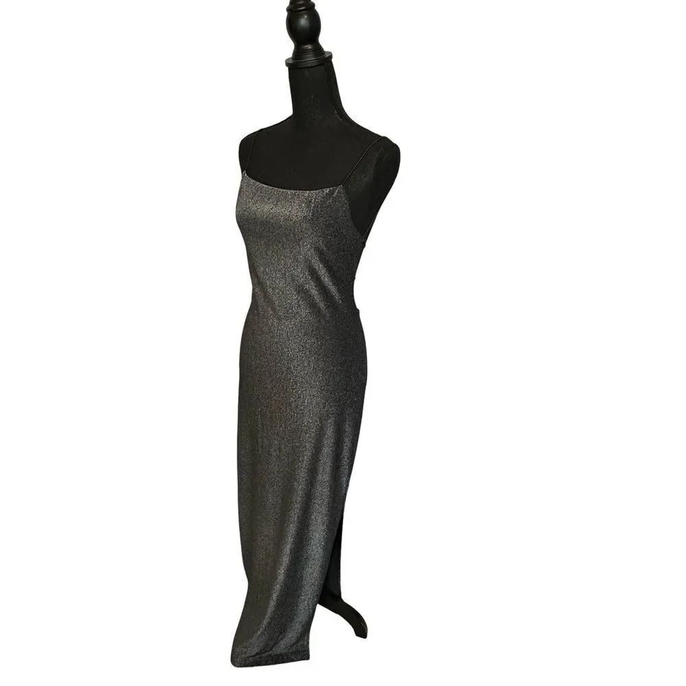 a fortiori Shiny Dark Gray Black Silver Metallic Maxi Bodycon Dress Sz Medium